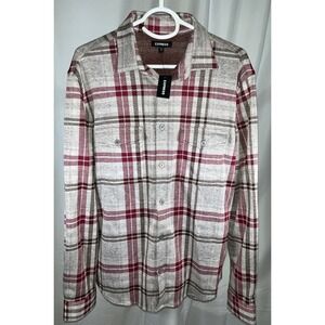 Express Plaid Flannel Button Down Shirt Gray Burgundy Casual Fall Mens Medium